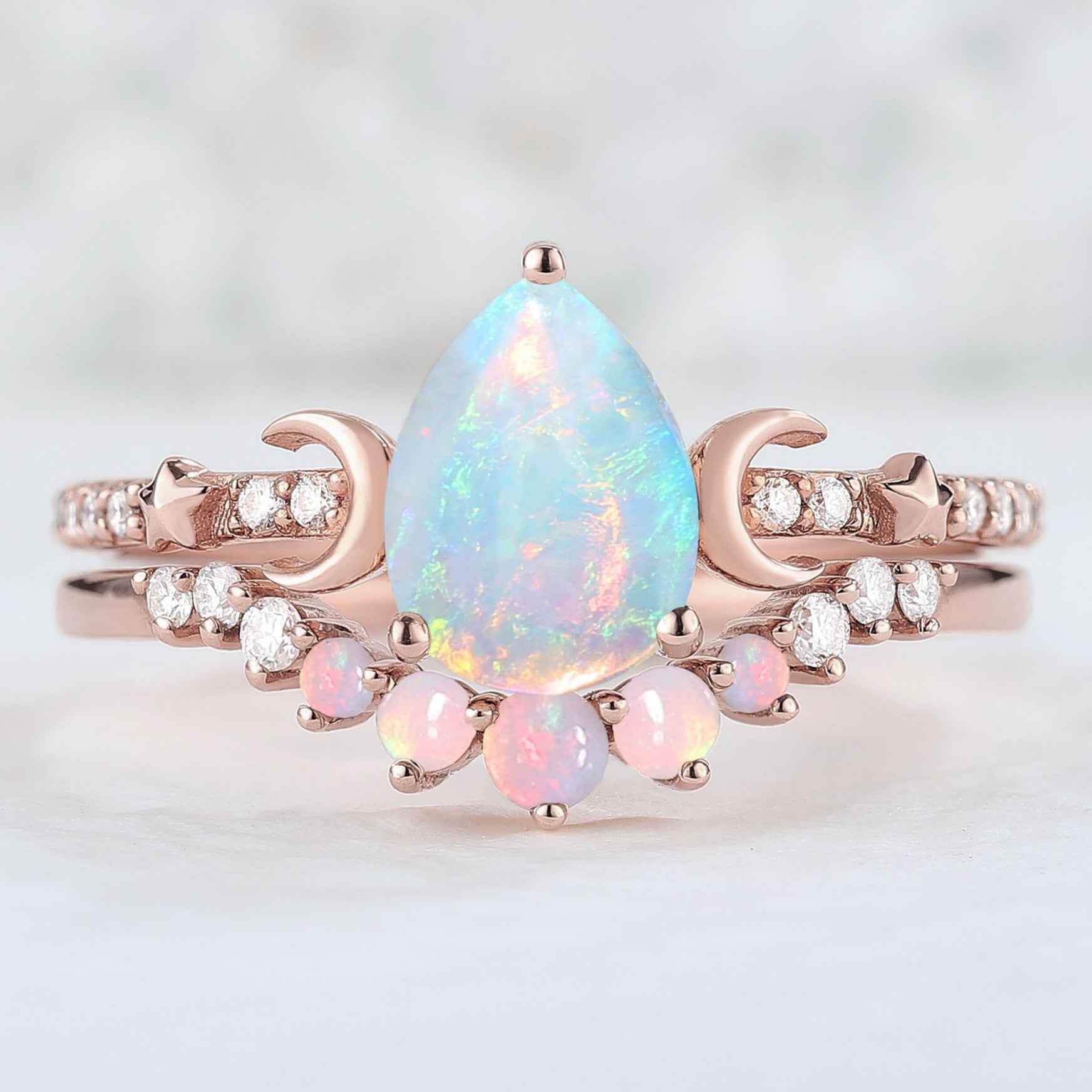 Unique Pear Cut Opal Moon and Star Gemstone Ring