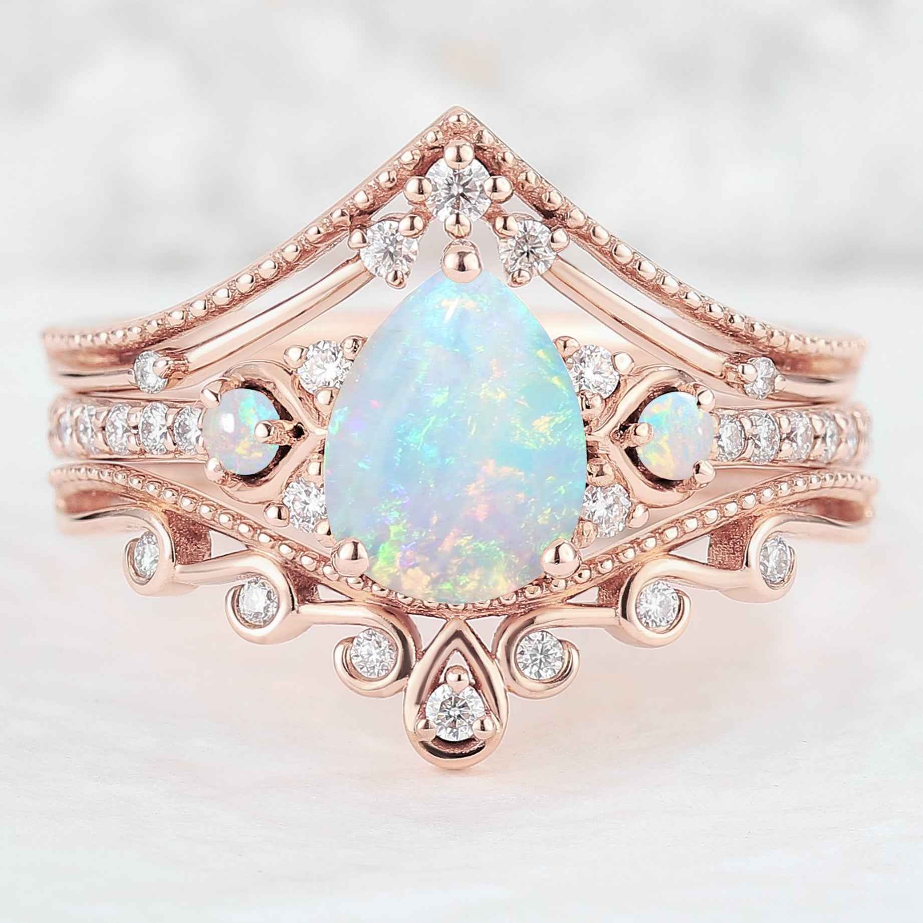 Unique Pear Shaped Natural Opal Vine Ring Set 3pcs