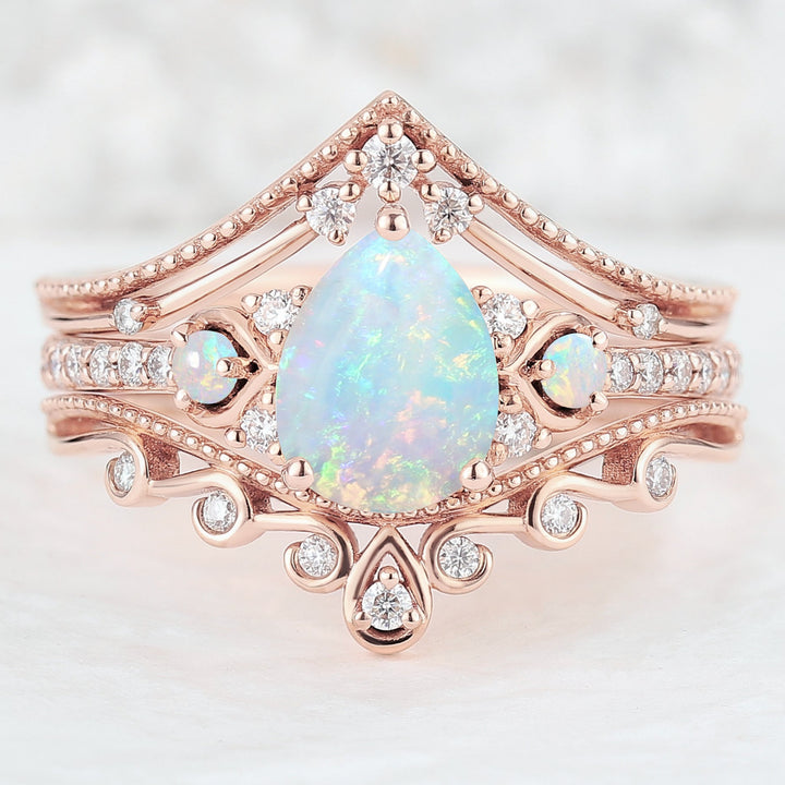Unique Pear Cut Opal Vine Engagement Ring 3pcs