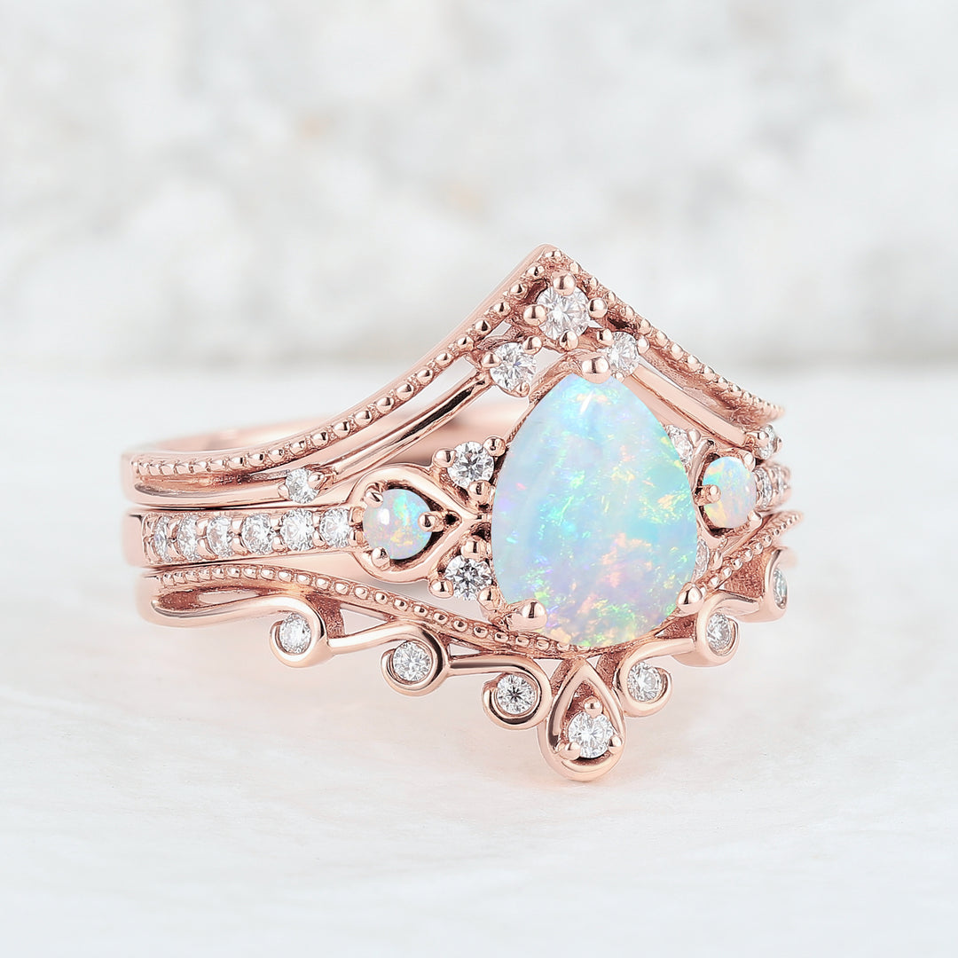 Unique Pear Shaped Natural Opal Vine Ring Set 3pcs - Iver Jewelry