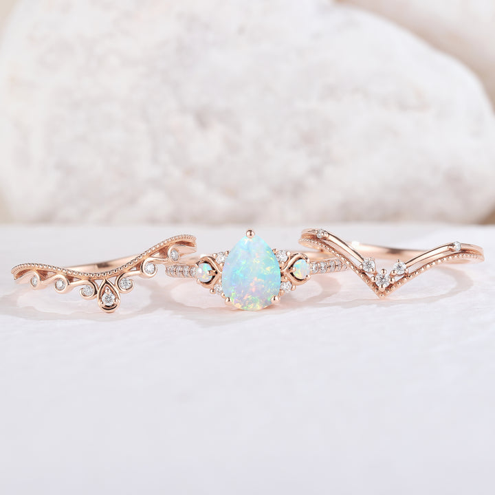 Unique Pear Shaped Natural Opal Vine Ring Set 3pcs - Iver Jewelry
