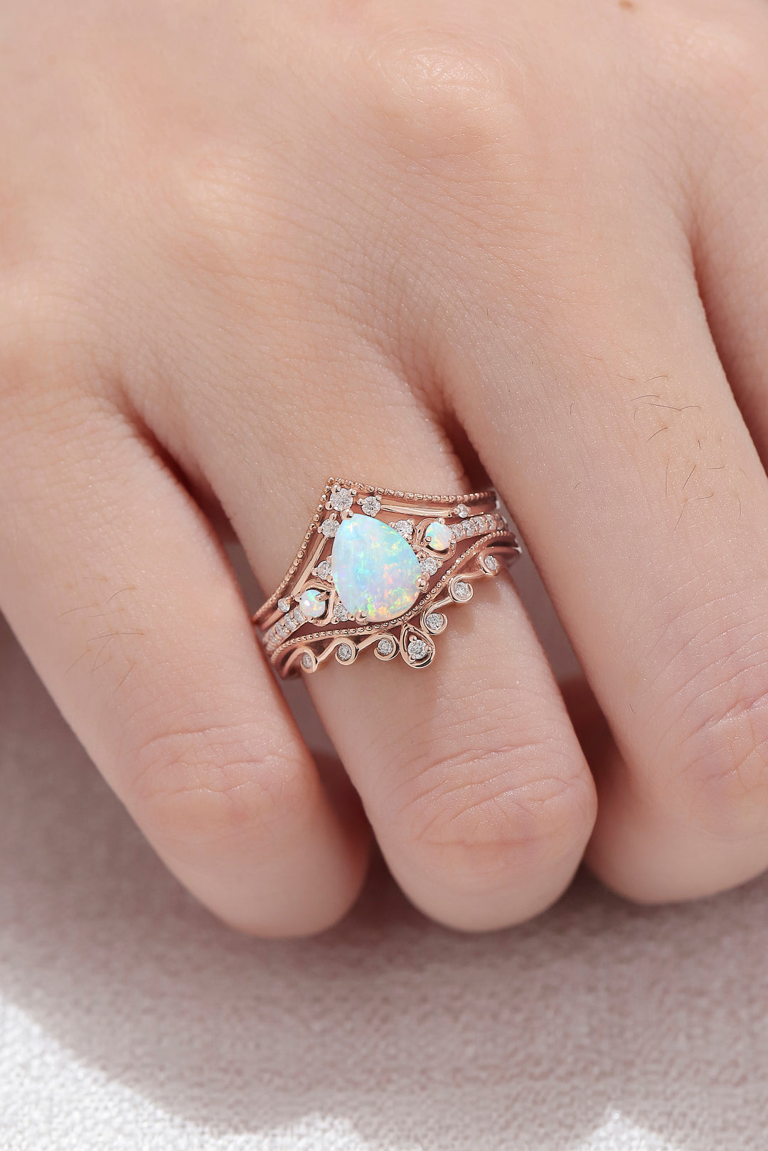 Unique Pear Shaped Natural Opal Vine Ring Set 3pcs - Iver Jewelry