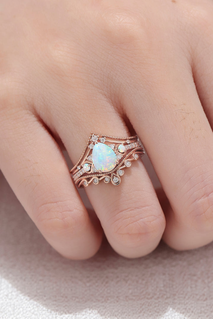 Unique Pear Shaped Natural Opal Vine Ring Set 3pcs - Iver Jewelry