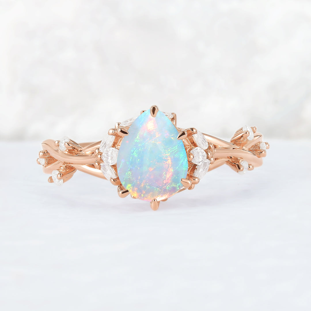 Unique Pear Cut Opal and Moissanite Vine Ring
