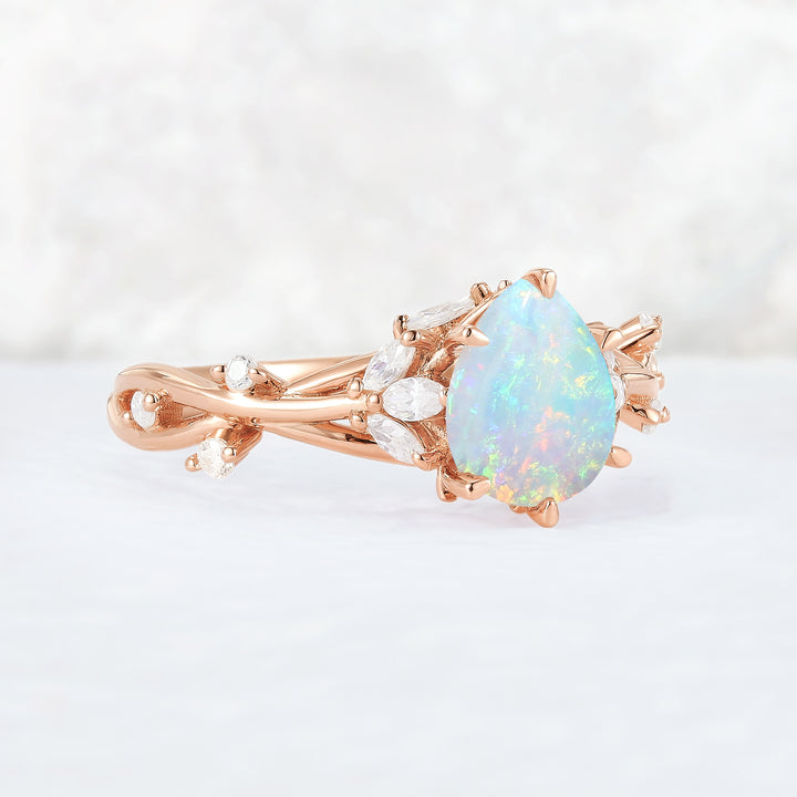 Unique Pear Cut Opal and Moissanite Vine Ring