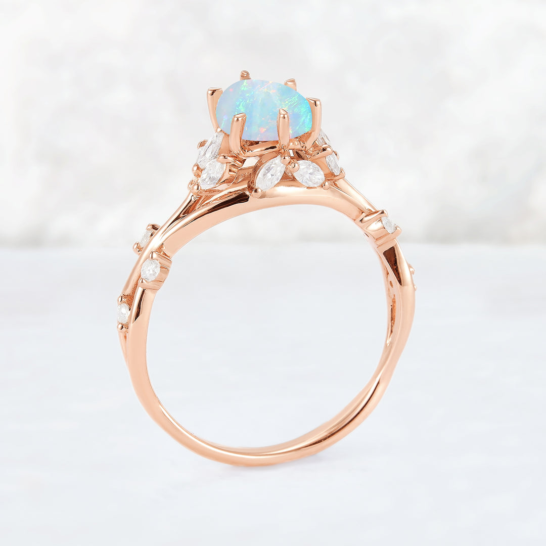 Unique Pear Cut Opal and Moissanite Vine Ring
