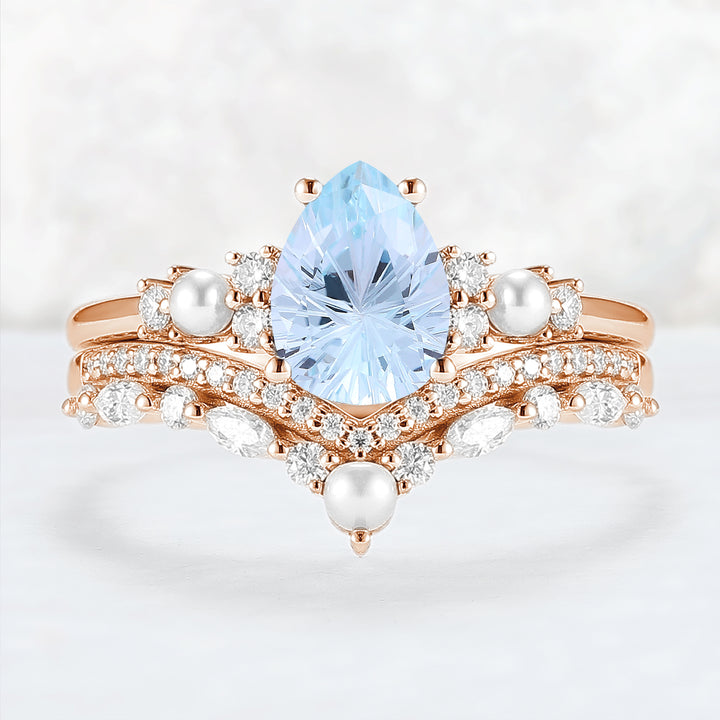 Unique Pear Shaped Fire Cut Aquamarine Cluster Gemstone Ring Set 2pc
