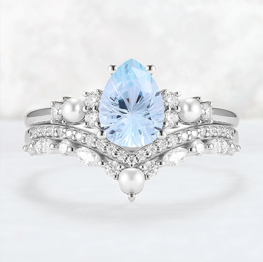 Unique Pear Shaped Fire Cut Aquamarine Cluster Gemstone Ring Set 2pc