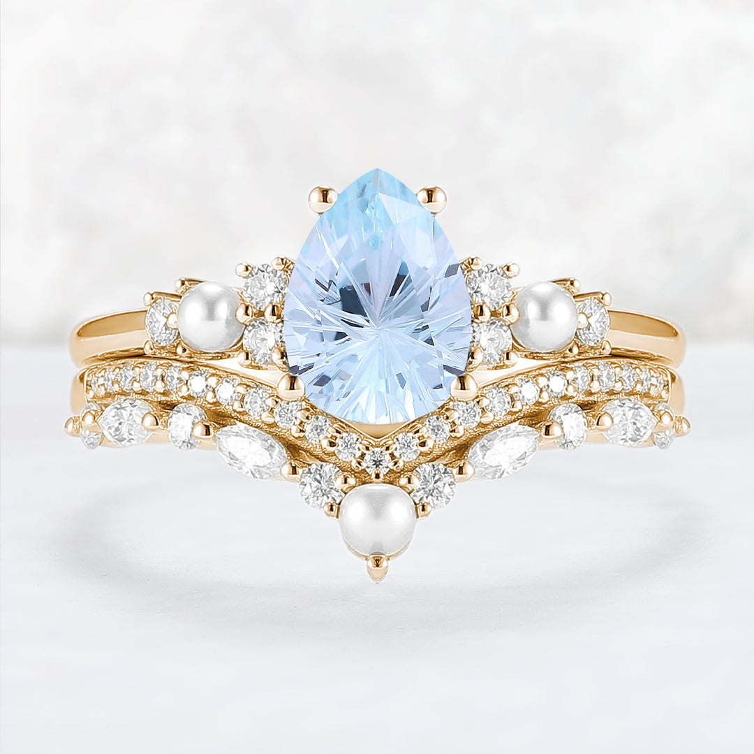 Unique Pear Shaped Fire Cut Aquamarine Cluster Gemstone Ring Set 2pc