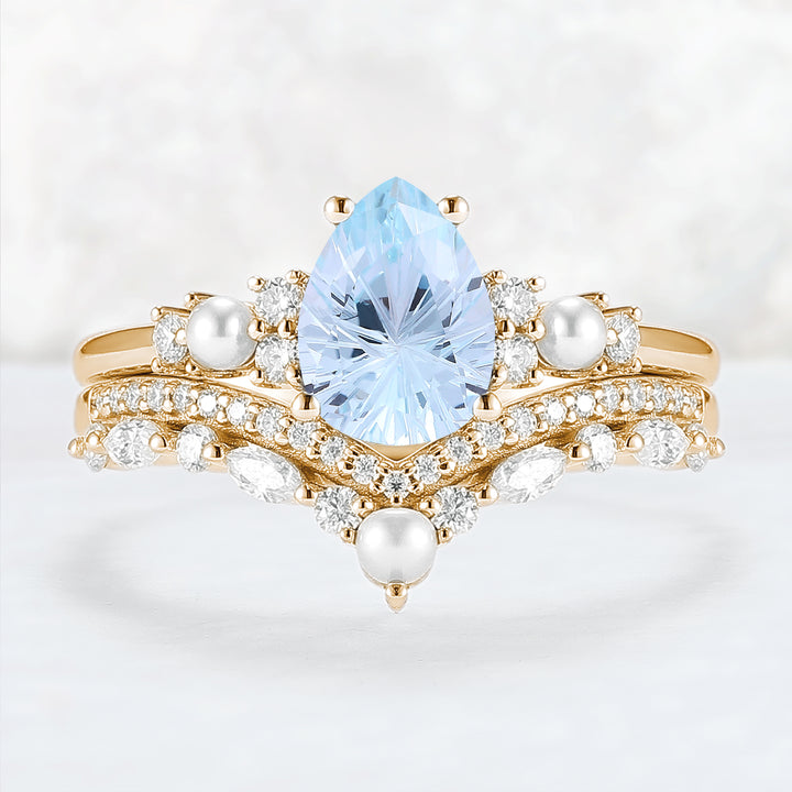 Unique Pear Shaped Fire Cut Aquamarine Cluster Gemstone Ring Set 2pc