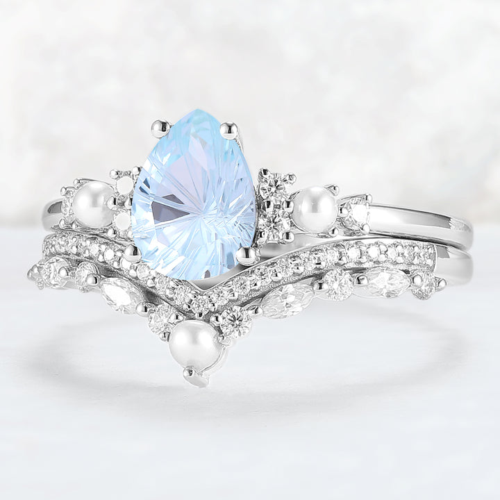 Unique Pear Shaped Fire Cut Aquamarine Cluster Gemstone Ring Set 2pc
