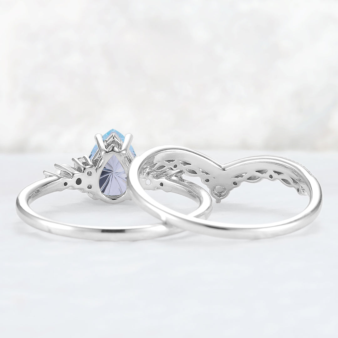 Unique Pear Shaped Fire Cut Aquamarine Cluster Gemstone Ring Set 2pc