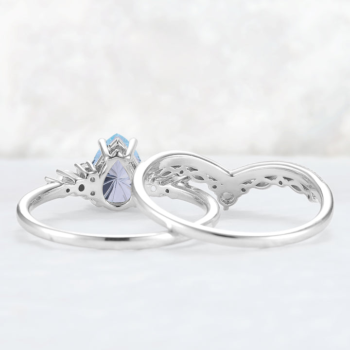Unique Pear Shaped Fire Cut Aquamarine Cluster Gemstone Ring Set 2pc