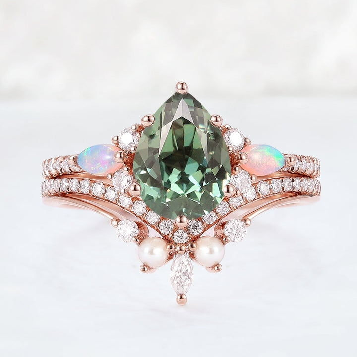 Unique Pear Shaped Green Sapphire Seven Gemstones Ring Set 2pcs