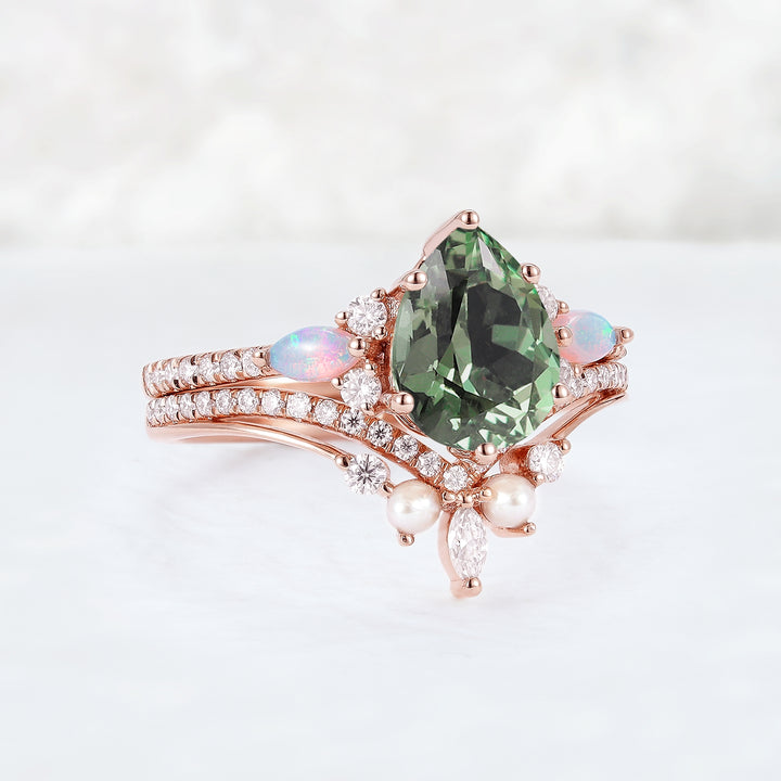 UUnique Pear Shaped Green Sapphire Seven Gemstones Ring Set 2pcs - Iver Jewelry