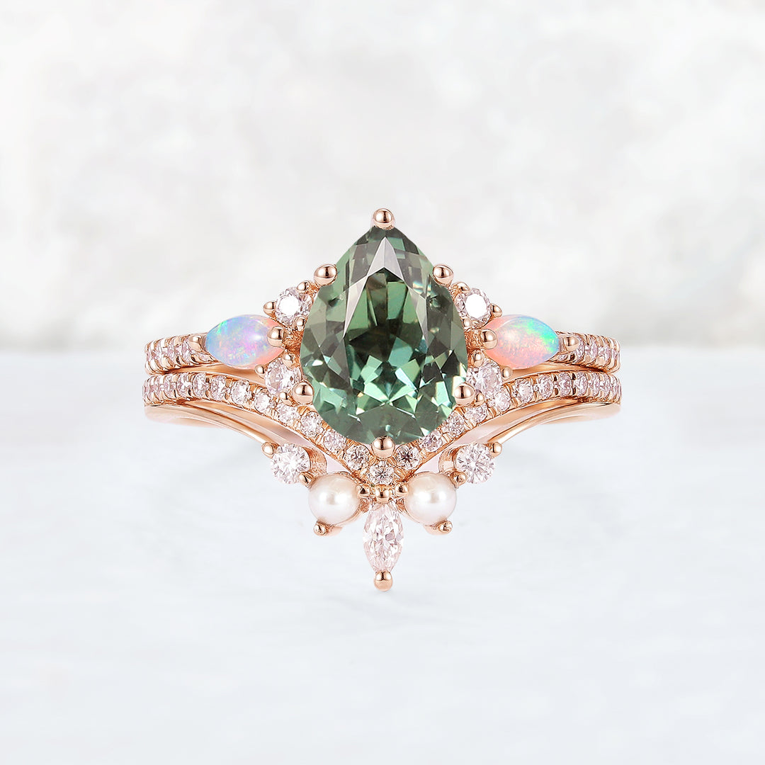 Unique Pear Shaped Green Sapphire Seven Gemstones Ring Set 2pcs