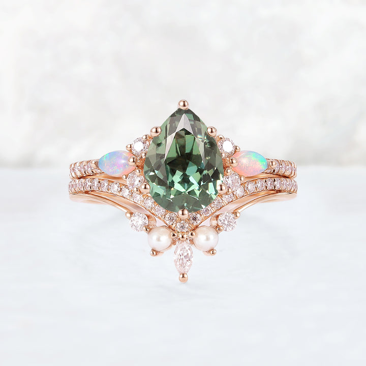 Unique Pear Shaped Green Sapphire Seven Gemstones Ring Set 2pcs