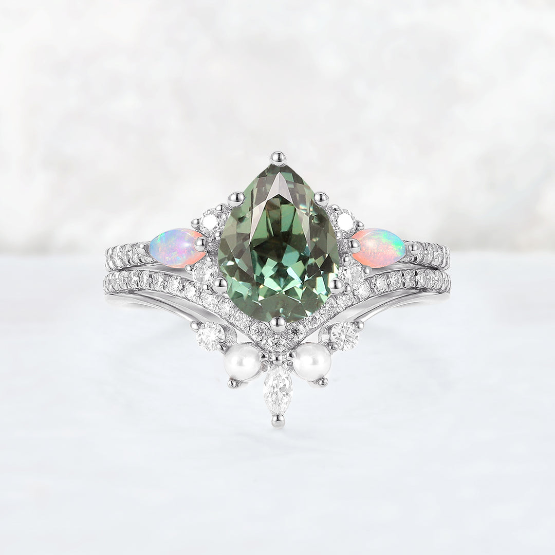 Unique Pear Shaped Green Sapphire Seven Gemstones Ring Set 2pcs