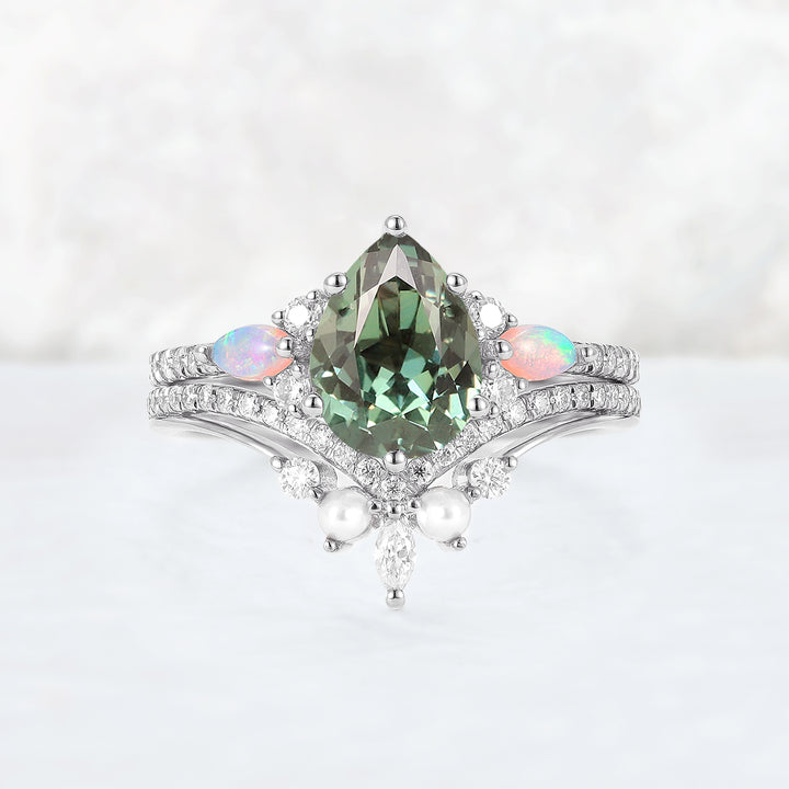 Unique Pear Shaped Green Sapphire Seven Gemstones Ring Set 2pcs
