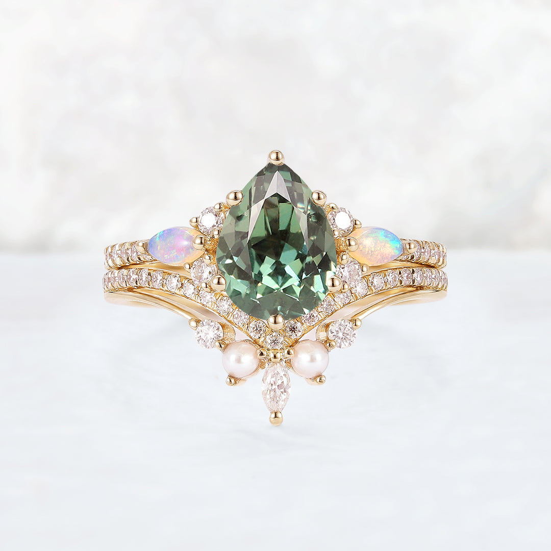 Unique Pear Shaped Green Sapphire Seven Gemstones Ring Set 2pcs