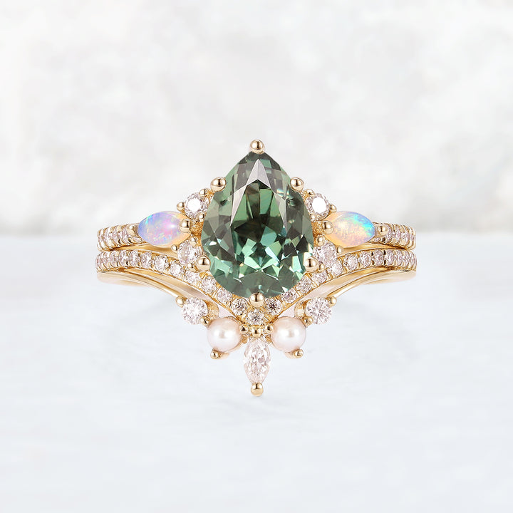 Unique Pear Shaped Green Sapphire Seven Gemstones Ring Set 2pcs