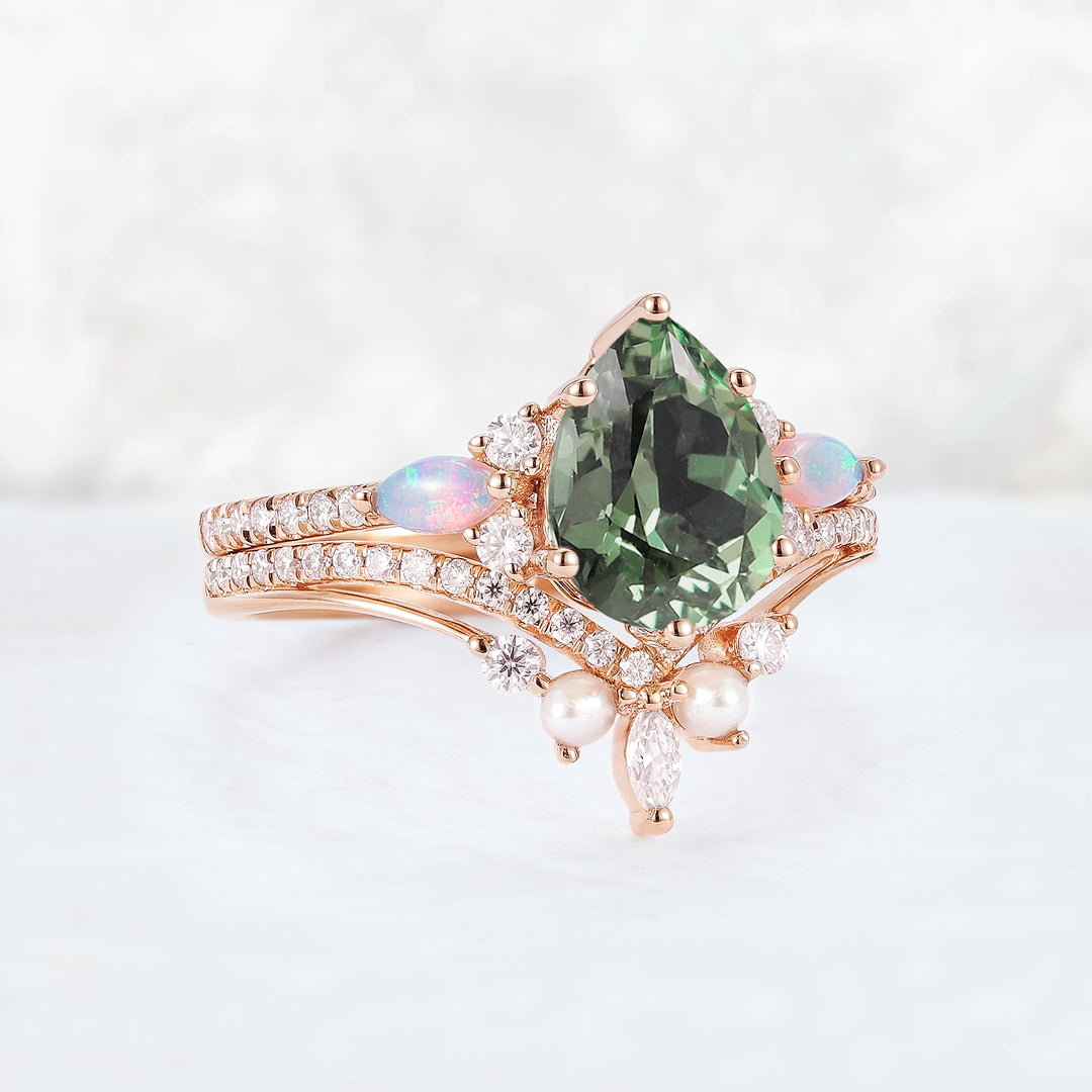 Unique Pear Shaped Green Sapphire Seven Gemstones Ring Set 2pcs