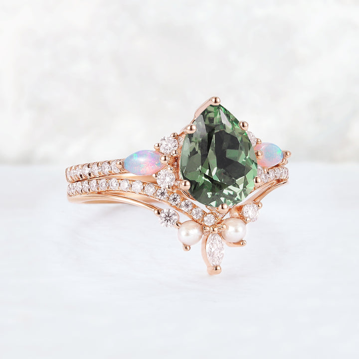 Unique Pear Shaped Green Sapphire Seven Gemstones Ring Set 2pcs