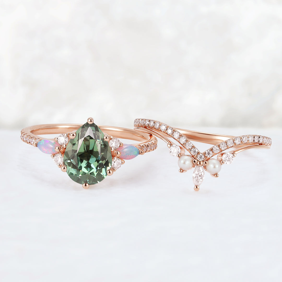 Unique Pear Shaped Green Sapphire Seven Gemstones Ring Set 2pcs