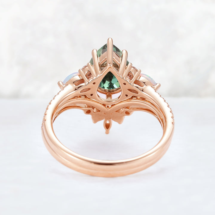 Unique Pear Shaped Green Sapphire Seven Gemstones Ring Set 2pcs