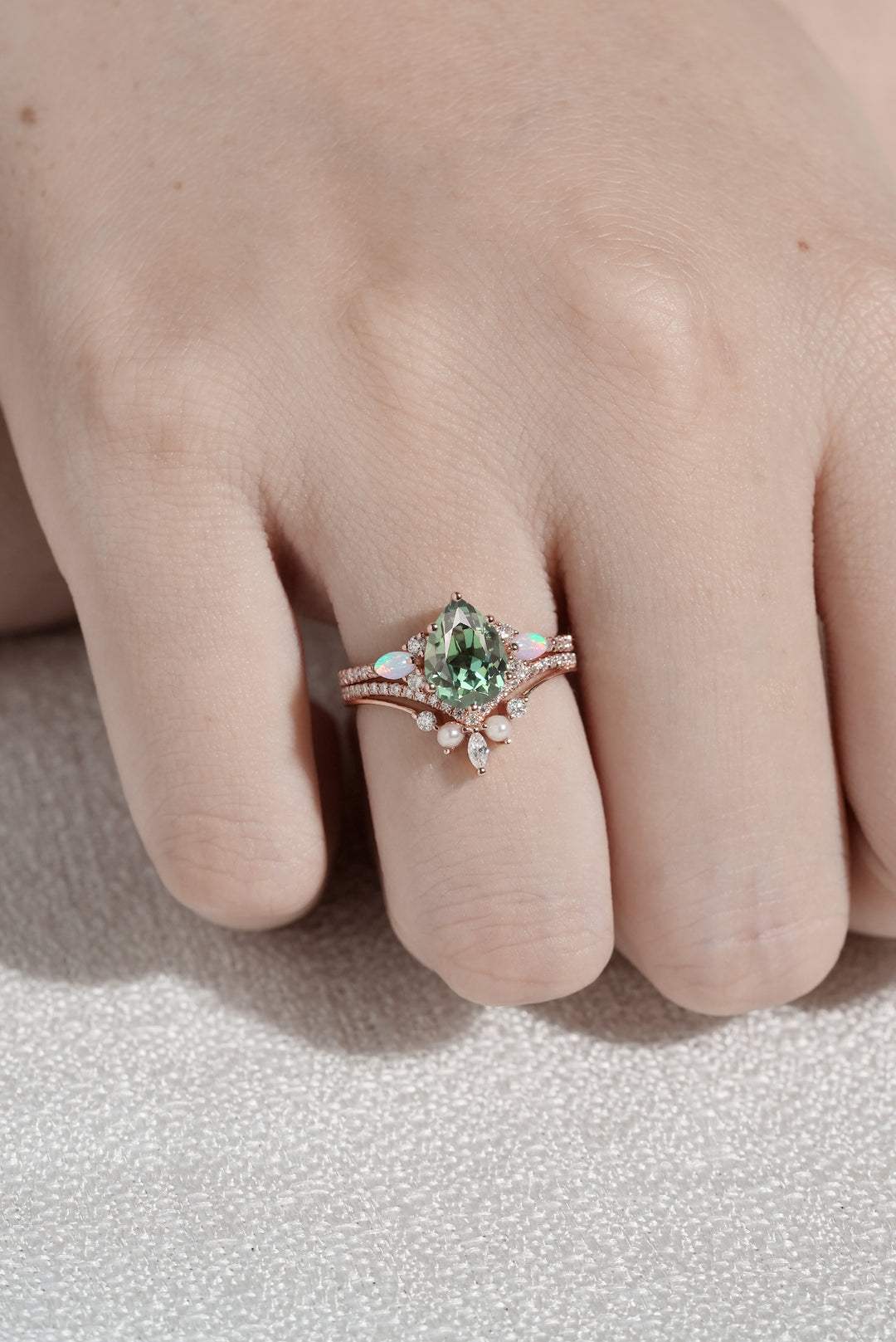 Unique Pear Shaped Green Sapphire Seven Gemstones Ring Set 2pcs