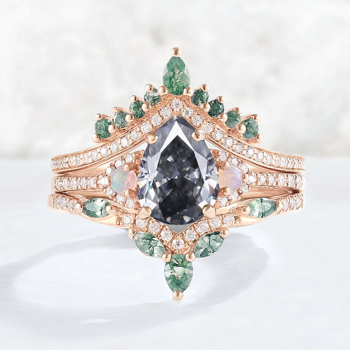Unique Pear Shaped Grey Moissanite Half Enternity Gemstone Ring Set 3pcs