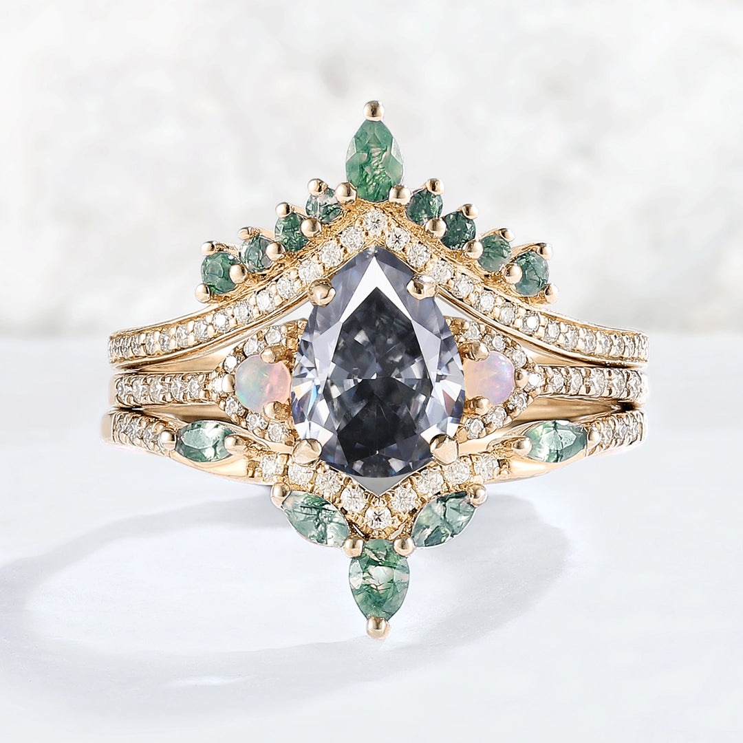Unique Pear Shaped Grey Moissanite Half Enternity Gemstone Ring Set 3pcs