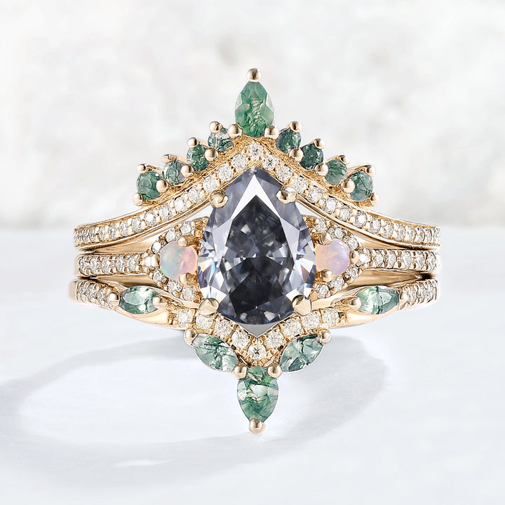 Unique Pear Shaped Grey Moissanite Half Enternity Gemstone Ring Set 3pcs