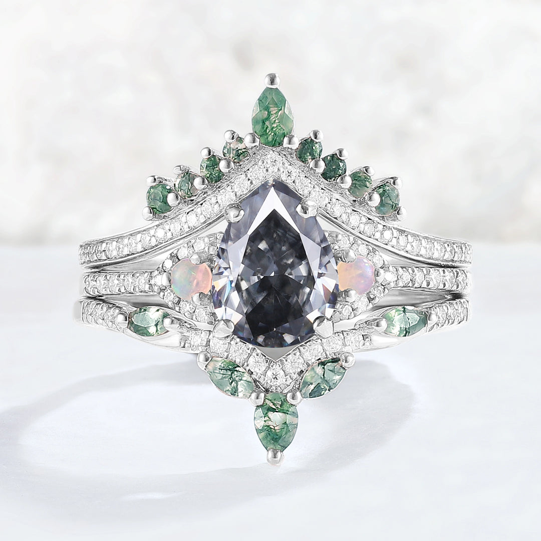 Unique Pear Shaped Grey Moissanite Half Enternity Gemstone Ring Set 3pcs