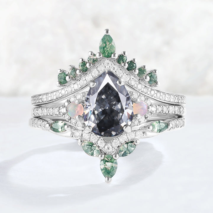 Unique Pear Shaped Grey Moissanite Half Enternity Gemstone Ring Set 3pcs
