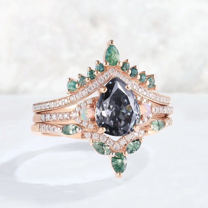 Unique Pear Shaped Grey Moissanite Half Enternity Gemstone Ring Set 3pcs