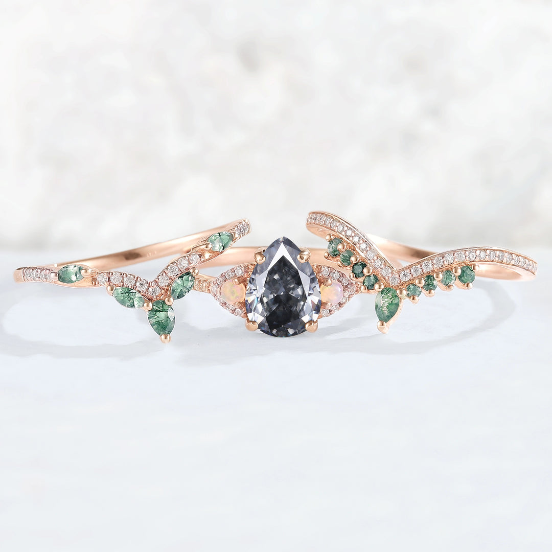 Unique Pear Shaped Grey Moissanite Half Enternity Gemstone Ring Set 3pcs