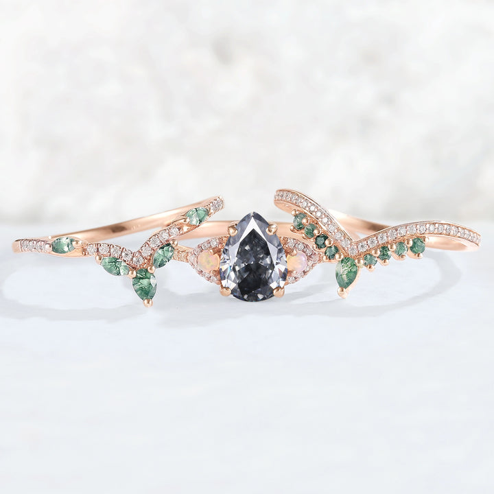 Unique Pear Shaped Grey Moissanite Half Enternity Gemstone Ring Set 3pcs
