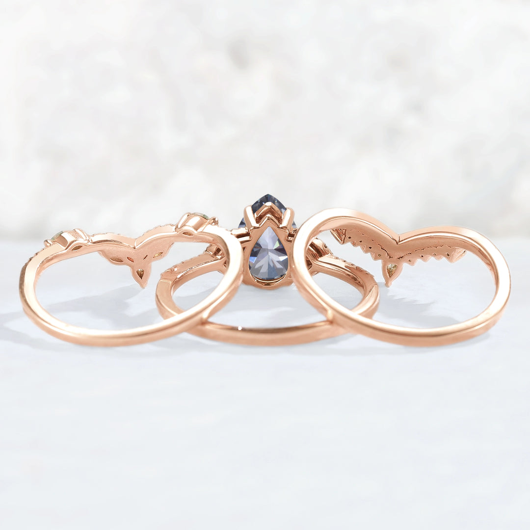 Unique Pear Shaped Grey Moissanite Half Enternity Gemstone Ring Set 3pcs