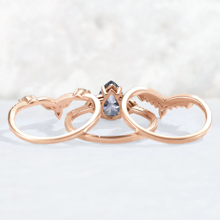 Unique Pear Shaped Grey Moissanite Half Enternity Gemstone Ring Set 3pcs