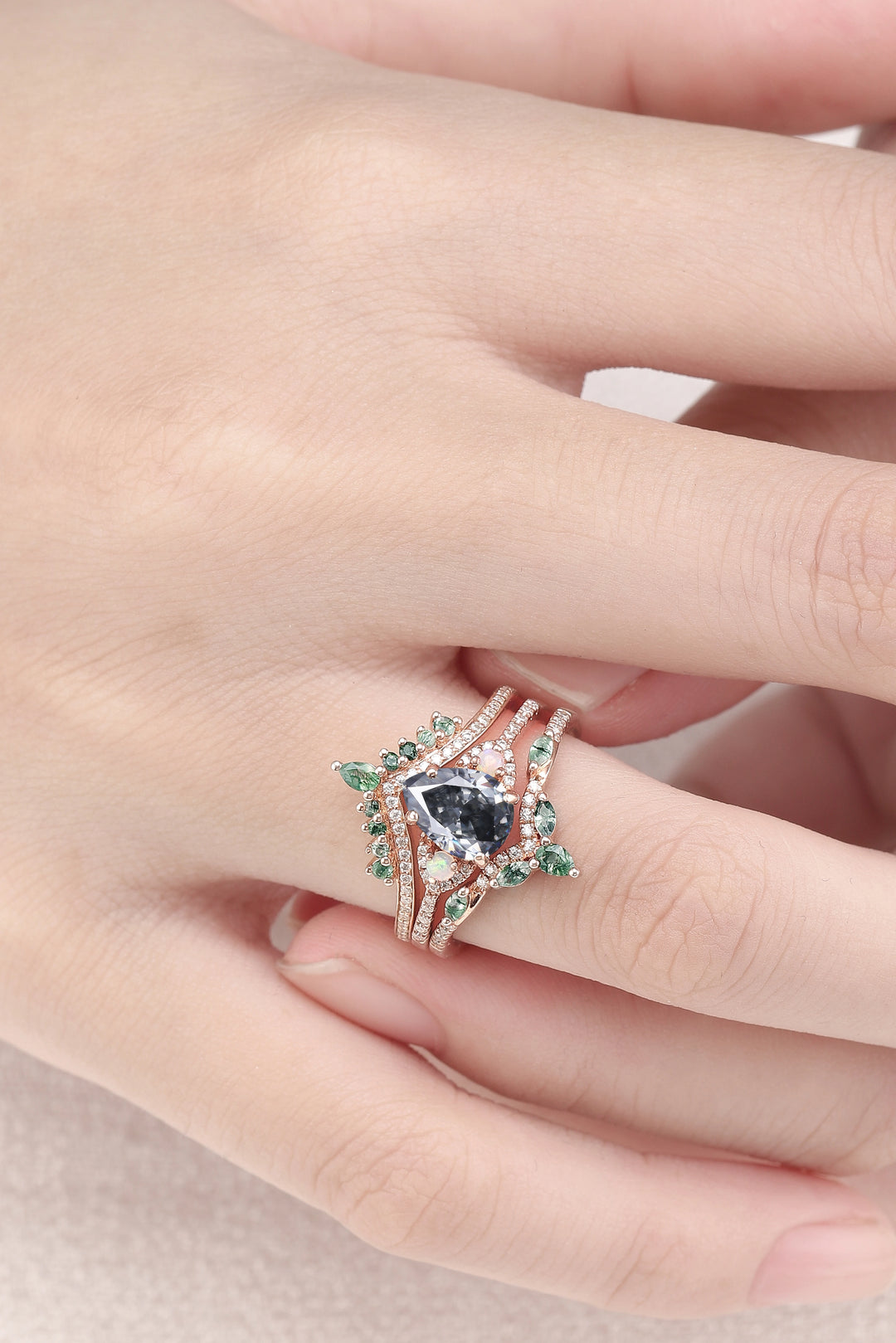 Unique Pear Shaped Grey Moissanite Half Enternity Gemstone Ring Set 3pcs