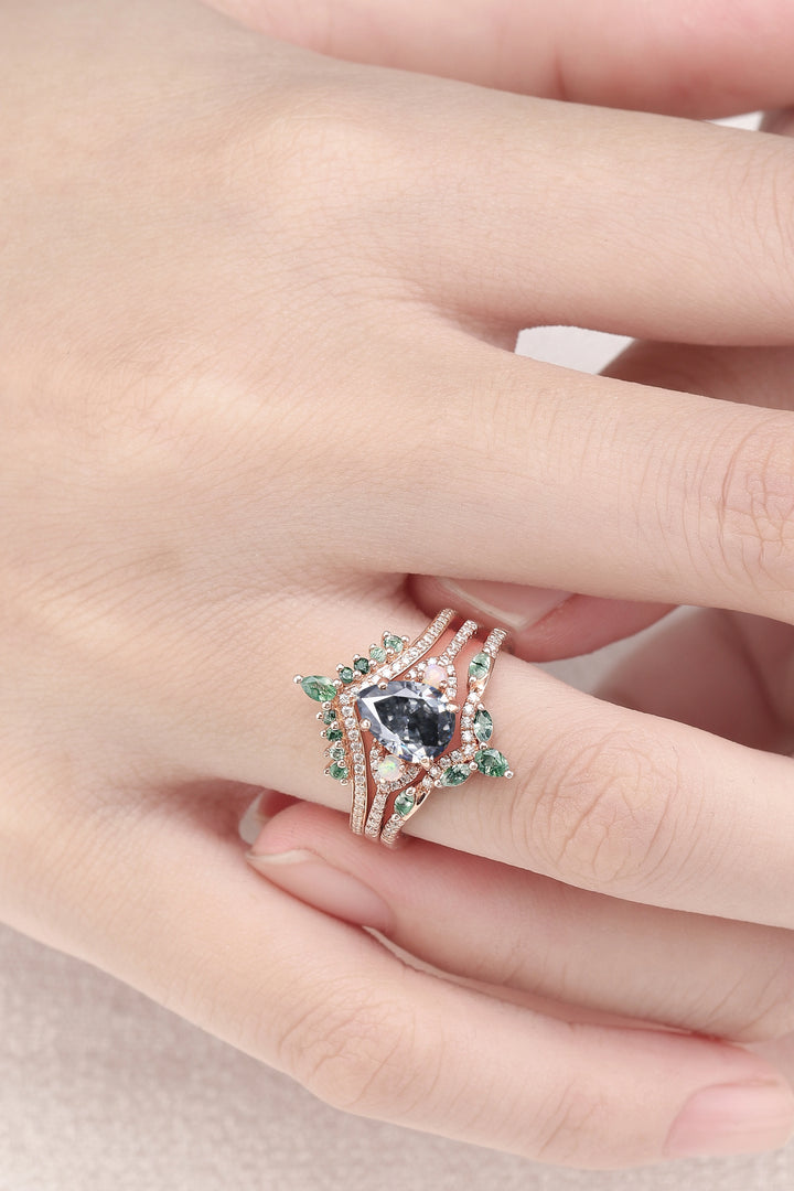Unique Pear Shaped Grey Moissanite Half Enternity Gemstone Ring Set 3pcs