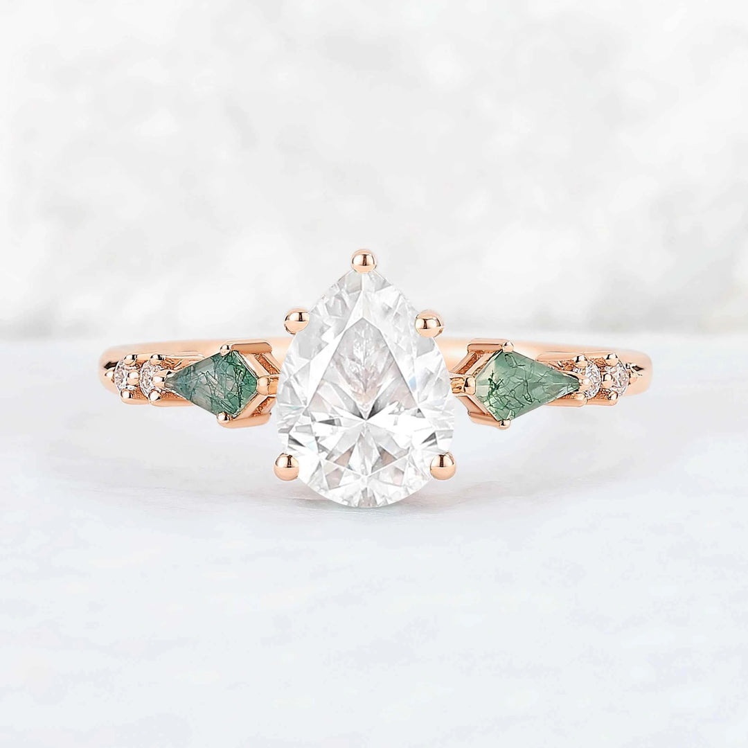 Unique Pear Shaped Moissanite Cluster Gemstone Ring