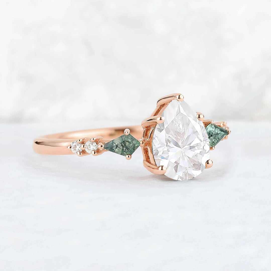 Unique Pear Shaped Moissanite Cluster Gemstone Ring