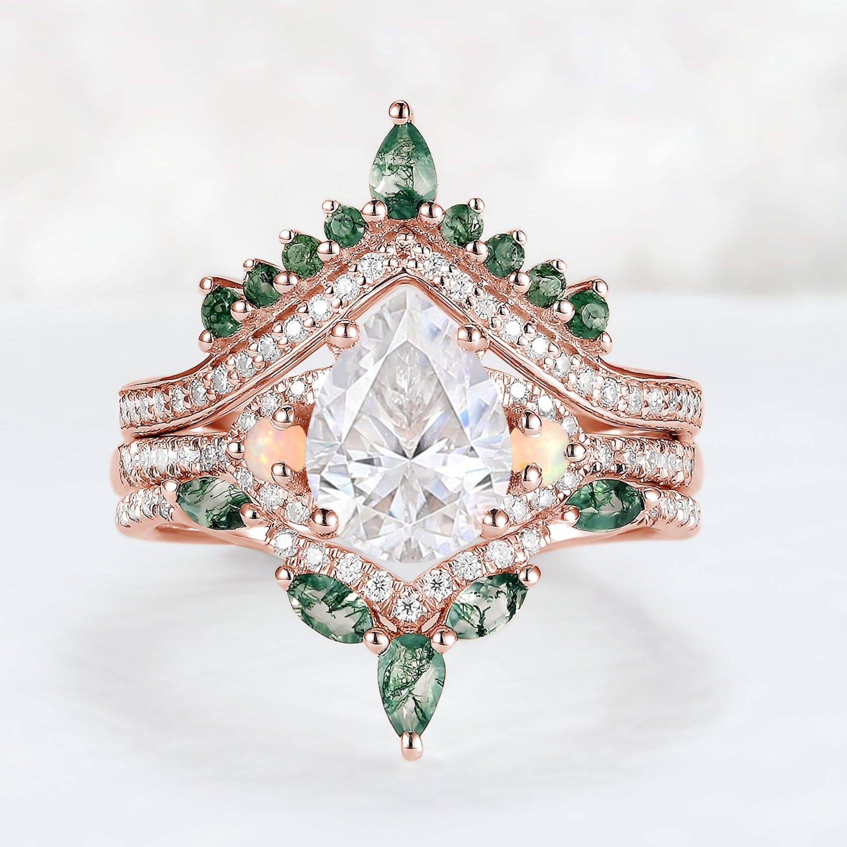 Unique Pear Shaped Moissanite Half Enternity Engagement Ring Set 3pcs
