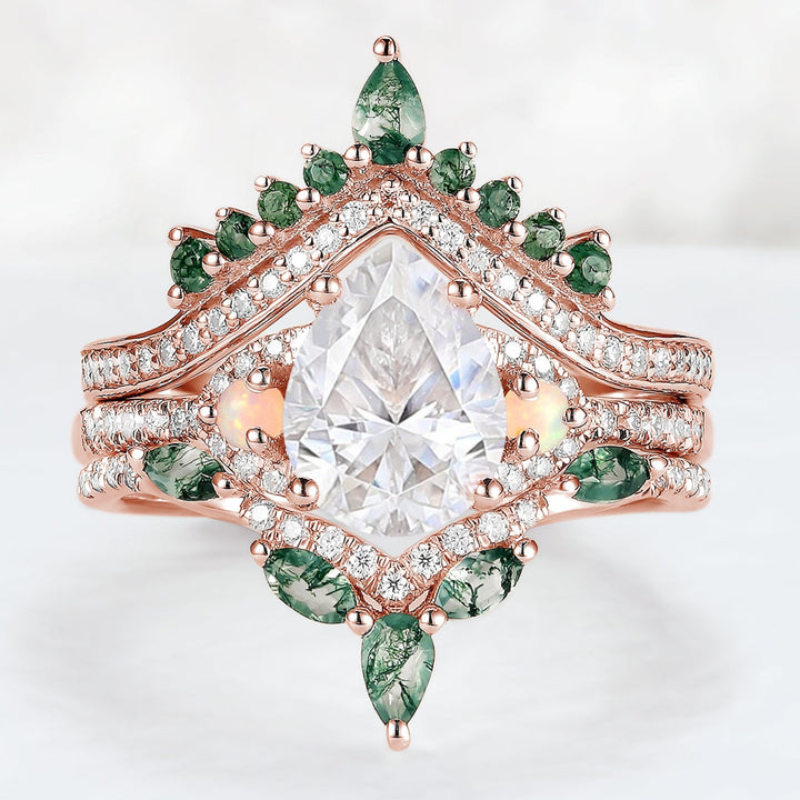 Unique Pear Shaped Moissanite Half Enternity Engagement Ring Set 3pcs