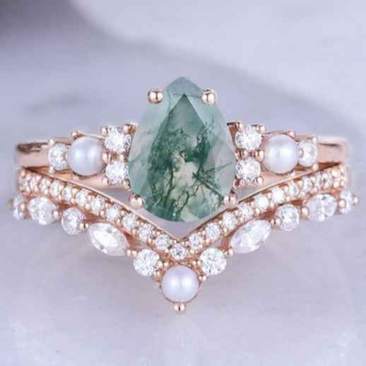 Unique Pear Shaped Aquamarine Cluster Gemstone Ring Set 2pc