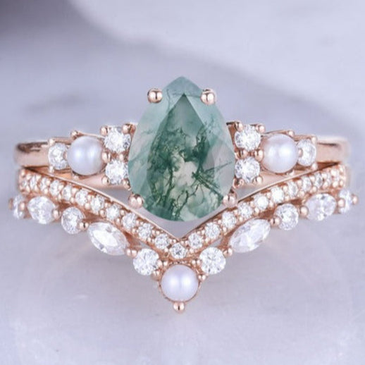 Moss Agate Cluster Engagement Ring Set 2pcs