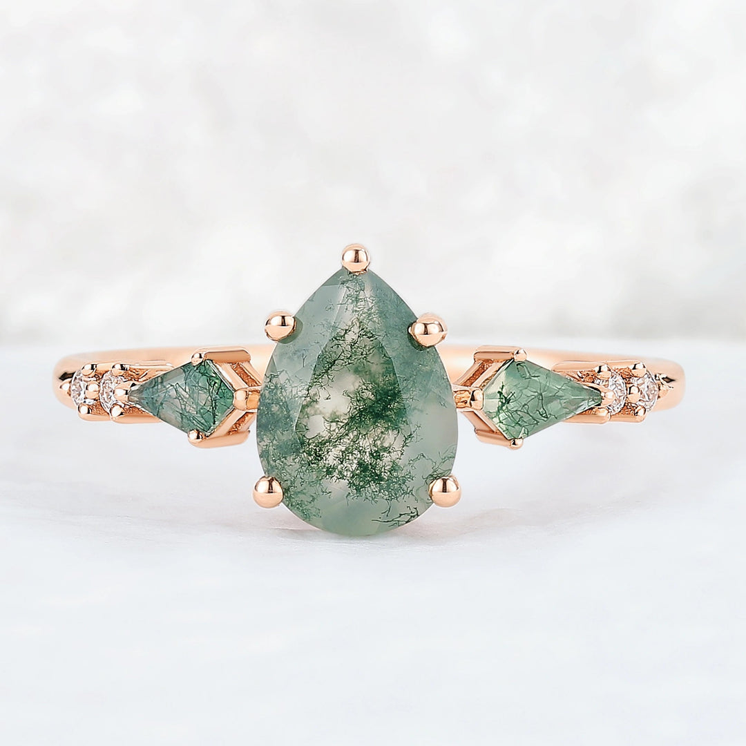 Unique Pear Shaped Moss Agate Cluster Gemstone Ring