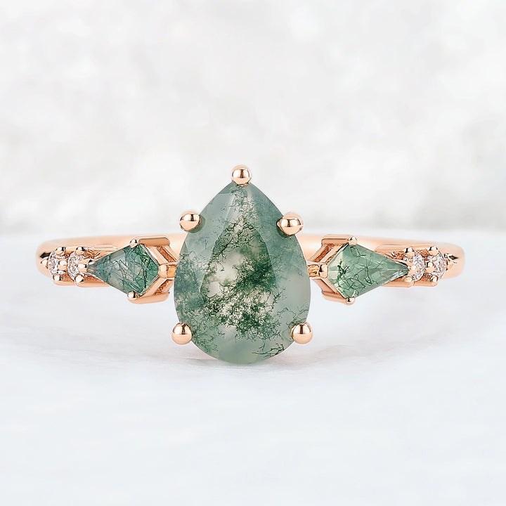 Unique Pear Shaped Moss Agate Cluster Gemstone Ring